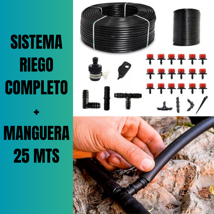 SISTEMA DE RIEGO ROJO COMPLETO X GOTEO + MANGUERA + TUBÍN 25M